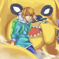 an anime character is standing in front of a giant yellow monster with his mouth open