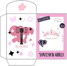 an open box with pink and black designs on the front, side and back sides