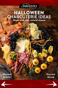 the ingredients for halloween charcuterie ideas are arranged on a cutting board with an arrow pointing to it