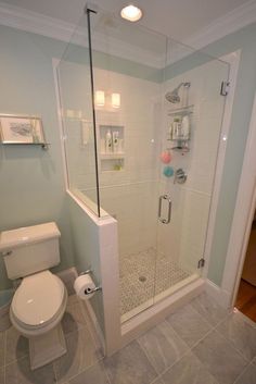 a white toilet sitting next to a walk in shower