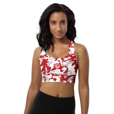 This sports bra is the perfect workout top for exercising. The compression fabric along with double-layered front and shoulder straps ensures great support while running, jumping, or pumping iron. Wear it while exercising or style it as a streetwear top on sunny days! * 74% recycled polyester, 26% elastane * Fabric weight for compression fabric: 7.37 oz./yd.² (250 g/m²) * Non-see-through * Has openings for removable padding and fully lined with mesh * Removable padding included * Double-layered Sports Cami Crop Top With Built-in Bra, Camouflage Short Sleeve Sports Top, Sports Top With Built-in Bra In Red, Compression Sports Bra With Bra-friendly Design, Red Compressive Sports Bra With Moisture-wicking, Camo Crop Top, Camo Top, Womens Camo, Streetwear Tops