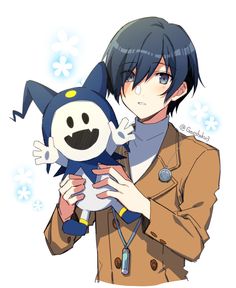 an anime character holding a stuffed animal in his hands with snowflakes behind him