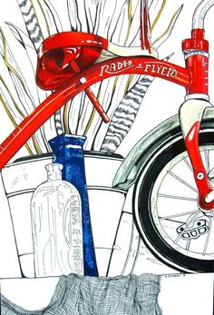 a drawing of a red bicycle with flowers in the basket and water bottle next to it