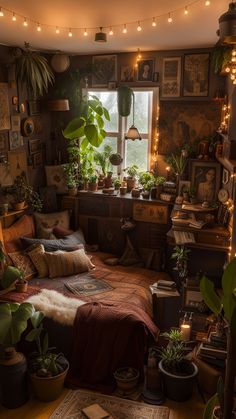 a room filled with lots of plants and potted plants on top of a bed