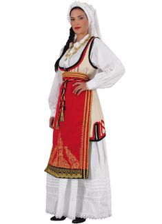 This outfit is imported from Greece and made by the premiere manufacturer of traditional Greek costumes. This traditional dancing costume is a favorite amongst dancing troupes and churches. This outfit ships direct from Greece. Please allow 1-2 weeks for arrival of outfit. This woman's costume consists of cotton dress, felt jacket, felt apron embroidered, and scarf. (Note: The necklace is sold separately.) Women Sizing Reference: Size USA UK waist cm / inches bustcm / inches XSmall 4 6 66-68 74- Traditional White Costume Dress, Traditional Fitted Dress With Historical Design, Traditional Festive Costume Dresses, Traditional Fitted Costume Dress, Traditional Cotton Costume Dress, Greek Traditional Dress, Greek Costume, Felt Jacket, Woman Vest