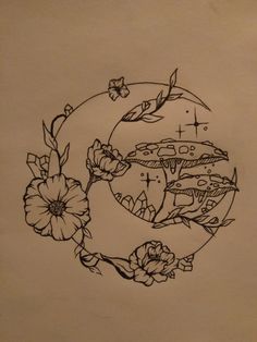 a drawing of flowers and a ship in a circle