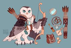 an owl is holding a bow and arrow with other items around it on a blue background