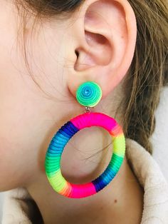 Silk like cord wrapped multicolored hoop or bon bon earrings, Pride lesbian earrings, Rainbow Hoop Dangle earrings for Women, Handmade cute Hoop Earrings Big, Etsy Wishlist, Soft Jewelry, Oversized Hoop Earrings, Art Pins, Mexican Earrings, Ethno Style, Trending Items, Prom Earrings