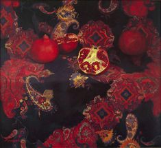 pomegranates and other fruit are on a black background with ornate designs