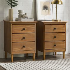 two wooden dressers sitting next to each other on top of a carpeted floor