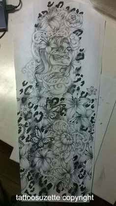 a drawing of a woman's face with flowers and butterflies on the back of her arm