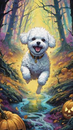 a painting of a white dog running through a forest with pumpkins on the ground