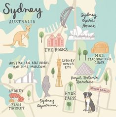 an illustrated map of sydney, australia with all the attractions and places to see on it