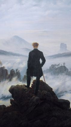 a painting of a man standing on top of a mountain looking out over the clouds