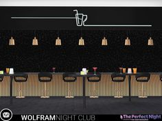 an empty restaurant with black walls and wooden tables in front of the wall is a neon sign that reads wolfram night club