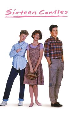 three people standing next to each other in front of a sign that says sixteen candles