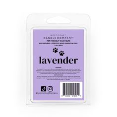 the lavender label for candle company's lavender scented candles is packaged in a plastic package