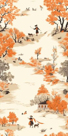 an orange and white wallpaper with a woman walking her dog in the woods on it