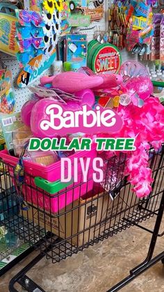 a shopping cart filled with barbie dolls and other toys