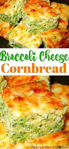 broccoli cheese cornbread casserole is cut into squares and stacked on top of each other