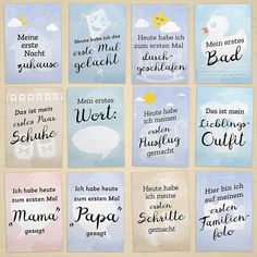 nine different types of greeting cards with the names of each card in german and english