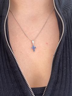 14 Karat White Gold Small Cross Pendant with Blue Sapphire and Chain 18 inch chain length  2.8 grams 0.35 carat of Blue Sapphire Small Crosses, Pearl Pendant Necklace, Black Pearl, Pearl Pendant, Chain Lengths, Cross Pendant, Chain Length, Pendant Necklaces, Blue Sapphire