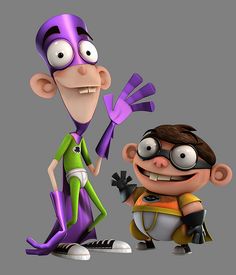 two cartoon characters are standing next to each other