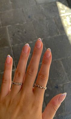 #summer #summerstyle #summernails #frenchnails French Summer Style Nails, Blue Dot French Nails, White French Tip Nails Blue Dots, Short Acyrilics Nails Designs Almond, August Nails Inspo 2024, French Tip Blue Dots, Blue Nails White Dots, Greece French Tip Nails, Blue Dot French Tip