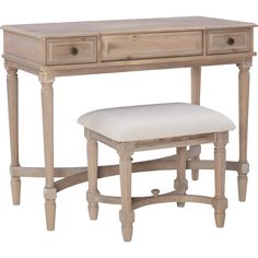 a wooden desk with two drawers and a stool