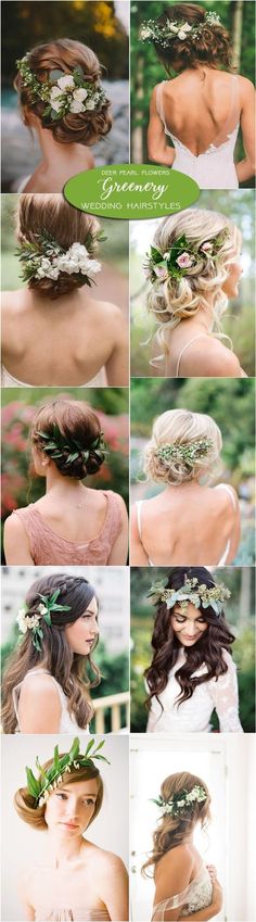 a collage of photos with flowers and greenery on them, including the headpieces