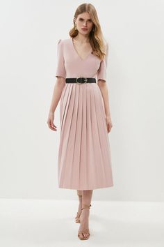 Style: Fit & Flare DressFabric: CrepeLength: MidiNeckline: V NeckSleeve Length: Cap Sleeve Structured Sleeves, Ladies Day Dresses, Dresses V Neck, Pleat Skirt, Skirt Midi, Feminine Design, Pleated Midi Skirt, Cap Sleeve, Pleated Skirt