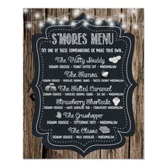 a chalkboard sign with lights on it that says, s'mores menu