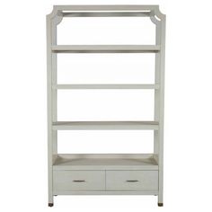 a white shelf with two drawers on top and one drawer below the shelf is open