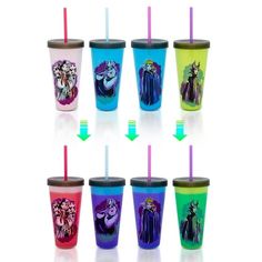 disney princess and the frog tumbler cups with straws in each cup, all different colors