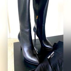 Saint Laurent Paris Black Leather Janis Boots New In Box. Size 40 5” Heel 1” Platform Zippers On Inner Calves Saint Laurent Boot Box Included Pictures Don't Do Justice Smoke Free And Pet Free Always. Evening Heeled Boots With Branded Heel Counter, Chic Heeled Boots With Leather Lining For Party, Luxury Heeled Boots With Leather Lining For Party, Luxury High Heel Boots For Formal Occasions, Designer Fitted Heeled Boots For Office, Designer Formal Heeled Boots, Evening Heeled Boots In Calf Leather, Luxury Heeled Boots With 4-inch Heel For Party, Calf Leather Heeled Boots For Night Out