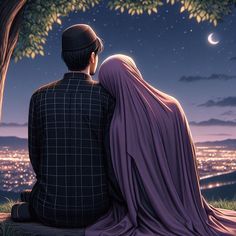 a man and woman sitting on a bench looking at the night sky