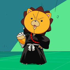 a cartoon character dressed in black holding a drink