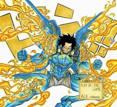 an anime character with blue and yellow hair holding a sign that says, play of the line ace command