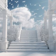 a staircase leading to a sky filled with white clouds and birds flying over it in the air