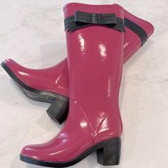 Women’s Kate Spade, Magenta Heeled Rain Boots, With Black Bow, Size 6, Euc, Never Worn Pink Round Toe Heels For Fall, Fall Pink Round Toe Heels, Pink Block Heel Shoes For Fall, Pink Low Heel Boots For Spring, Pink Block Heel Heels For Fall, Pink Low Heel Boots For Fall, Pink Block Heel For Fall, Pink Low Heel Boots For Party, Trendy Pink Waterproof Rain Boots