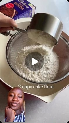 a woman is pouring flour into a pan on top of a counter with the words, 3 cups cake flour