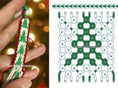 a hand holding a green and white string next to an image of a christmas ornament