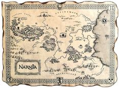 an old map with the name narnia written on it, in white ink