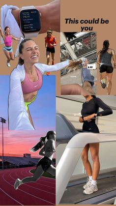 a collage of photos with women running, and an apple watch on the wrist