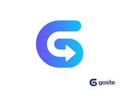 the letter g with an arrow pointing to it's left side, in blue and purple