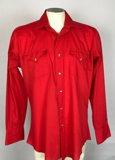 Vintage H BAR C California Ranchwear Pearl Button Snap Shirt Solid Red. There is no size on the label so we can only go by measurements.  Measurements: Shoulder to Shoulder: 19" Shoulder to Bottom Hemline:30" Seam:26" Chest:23" Red Button-up Shirt For Fall, Red Shirt With Button Closure For Fall, Red Long Sleeve Shirt With Button Closure, Red Button Closure Shirt For Fall, Red Collared Flannel Shirt, Red Cotton Shirt With Spread Collar, Red Collared Shirt With Pockets, Fitted Shirt With Snap Buttons, Fitted Red Top With Button Closure