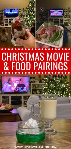 christmas movie and food pairings in front of a tv with text overlay that reads christmas movie and food pairings