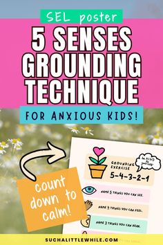 54321 Grounding PDF Exercise for Kids Poster: SEL Poster 5 Senses Grounding Technique for Anxious Kids! Count Down to Calm! (Text overlay a stock photo of flowers. Image includes a layflat PDF for the 54321 Grounding PDF Exercise for Kids Poster.) By Suchalittlewhile.com Coping Skill, Calming Techniques, Colorful Images, 5 Senses, Parent Resources