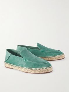 Despite their name, Loro Piana's 'Seaside Walk' espadrilles are qualified to be worn on all sorts of terrain thanks to the durable rubber backing on the hand-woven jute soles. They're made from soft green suede with collapsible heels for comfort. Loro Piana Men, Espadrilles Men, Luxury Heels, Suede Loafers, Green Suede, Loro Piana, Cold Weather Accessories, Espadrille Shoes, Flat Espadrille