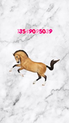 a horse is galloping in the snow with numbers on it's back side